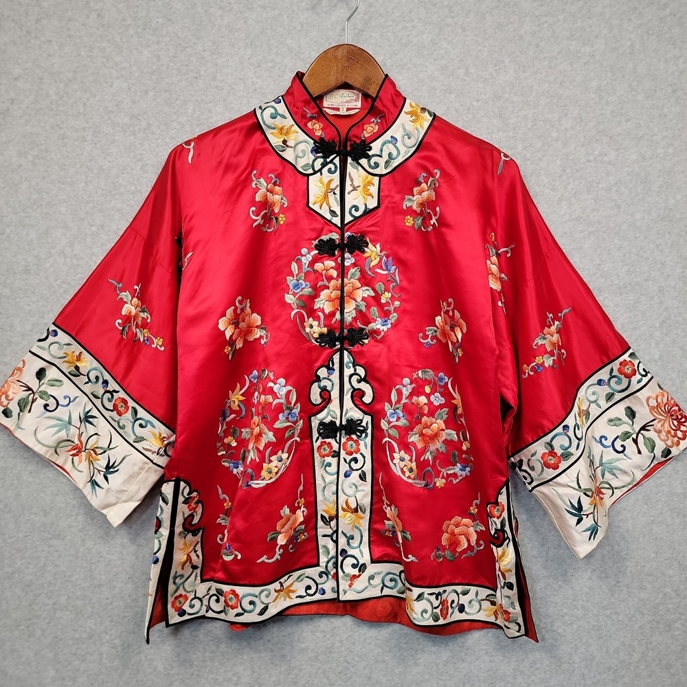 Vintage Bai Hua Chinese Silk Blend Jacket Red Hand Embroidered Floral Frog Sz S